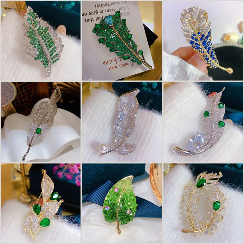 New Luxurious Zircon-encrusted Heavy Industry Green Leaf Brooches Exquisite Elegant Feathers Corsage Coat Suit Accessories Pin