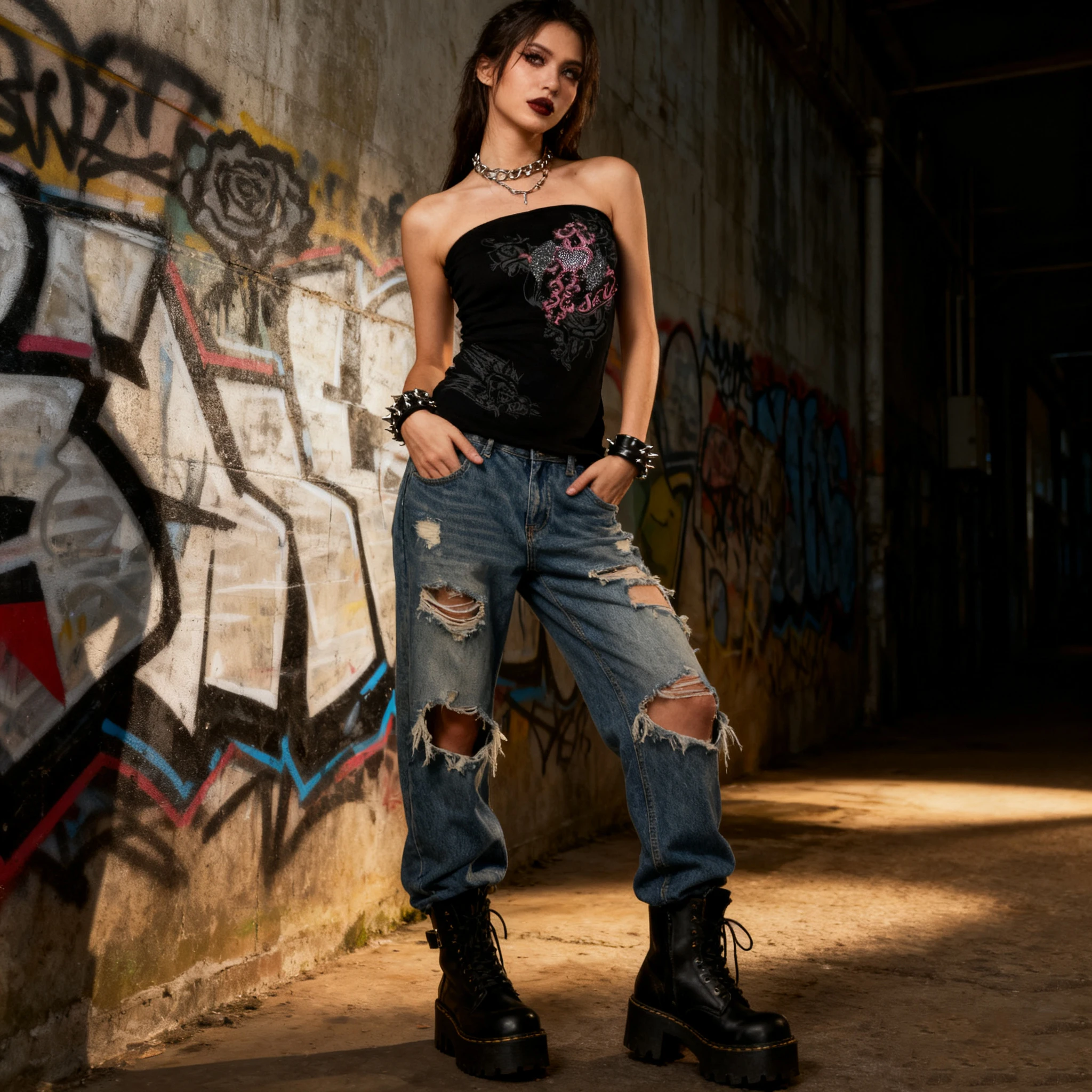 

2025 Women's Punk Gothic Strapless Tube Top - Rhinestone Heart Floral Print Sleeveless Top, Y2K Streetwear Party Edgy Style