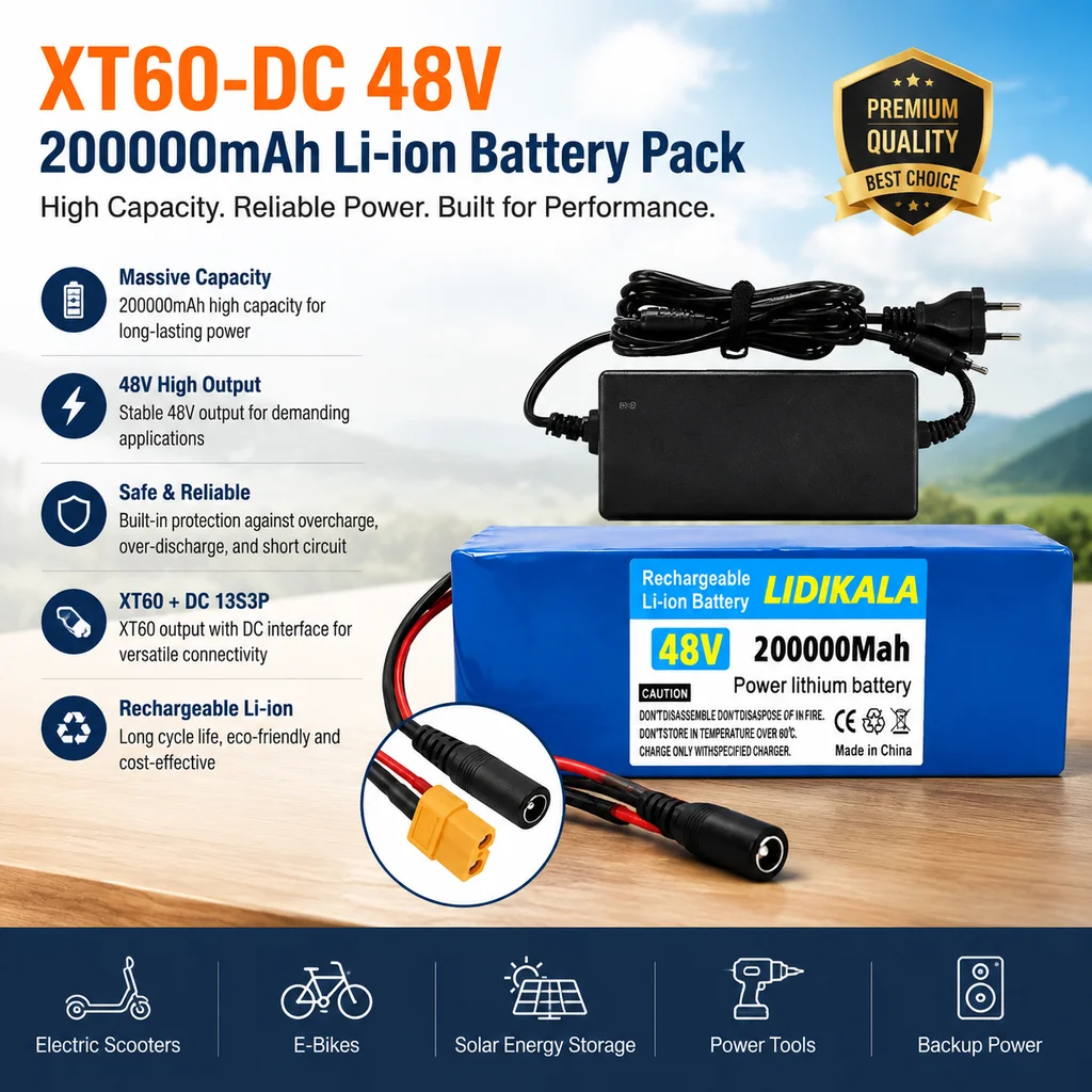 2026 Neues Upgrade 13S3P 48V 200Ah 18650 Lithium-Ionen-Akkupack mit eingebautem BMS, Hochleistungs-Akku für 500W-1000W E-Scooter Elektrofahrrad mit 2A-Ladegerät