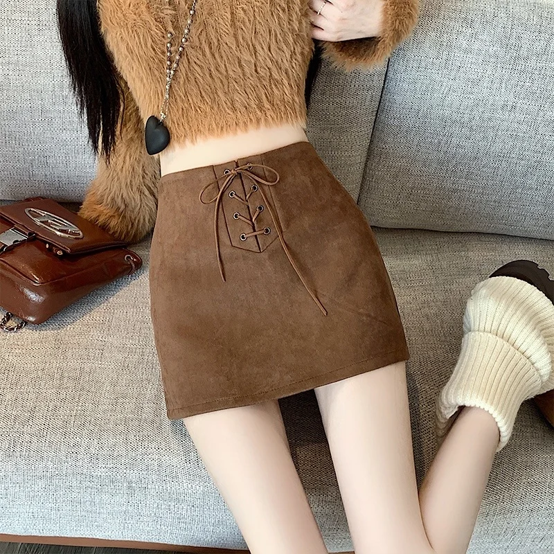 레트로 스파이시 걸 스웨이드 스커트, 끈이 달린 A라인 바디콘 스커트, 안티라이트 워킹 가을 겨울 신상품