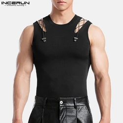 INCERUN Tops 2025 Korean Style Stylish Men Hollow Splicing Mesh Texture Vests Casual Simple All-match Thin Sleeveless Tank Tops