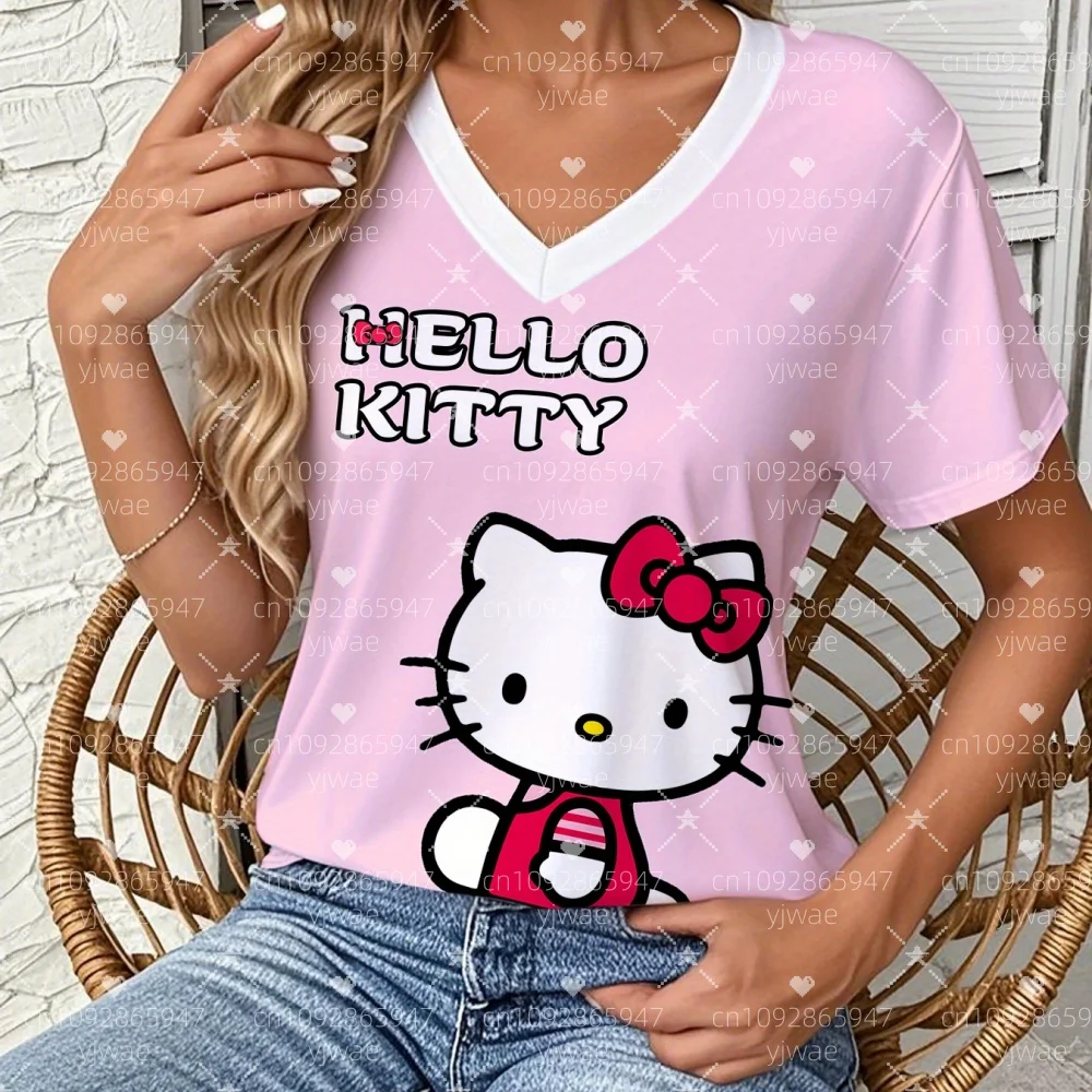 

Женская футболка в американском стиле «Hello Kitty» с v-образным вырезом и коротким рукавом, футболка, бейсбольные майки, спортивная футболка большого размера в полоску