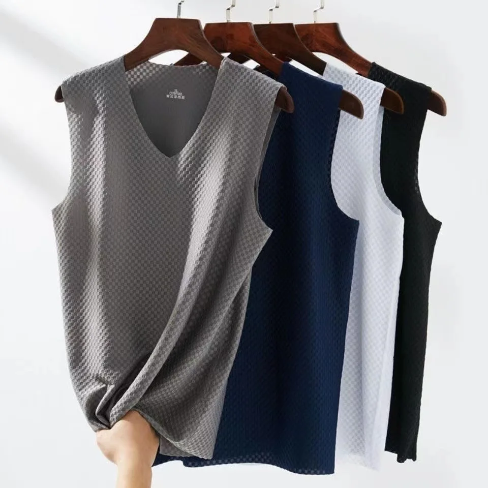 2 Pcs Men's Mesh Undershirt Ice Silk Vest V-neck Summer Thin Elastic Tight-fitting Quick-drying Sleeveless T-shirt Plus Size