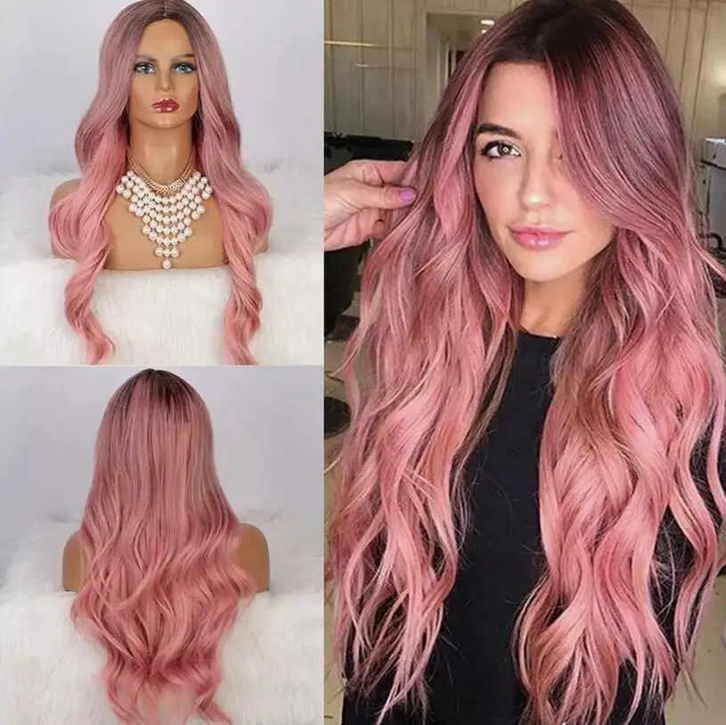 Long Pink Ombre Synthetic Wig for Women Wavy Wigs Fashion Pink Wavy Wigs Natural