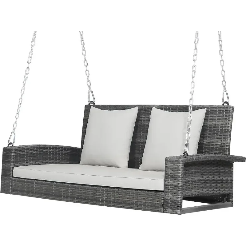 Hanging Porch Swing, 2-Person Outdoor Wicker Swing Chair Bench with Cushions, Steel Chains for Garden, Backyard, Deck