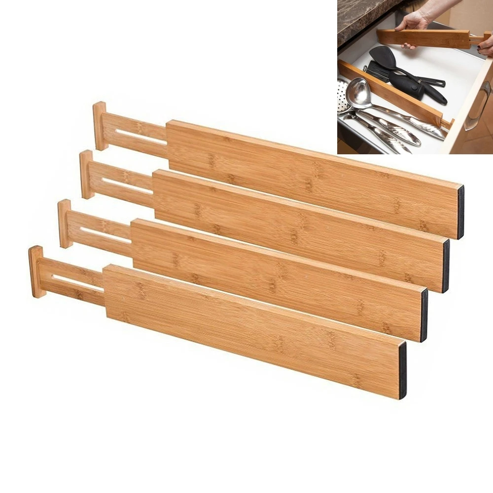 2/4PCS Bamboo Drawer Dividers Bedroom Kitchen Drawer Storage Adjustable Expandable Drawer Dividers For Cupboard Cabinet Wardrobe