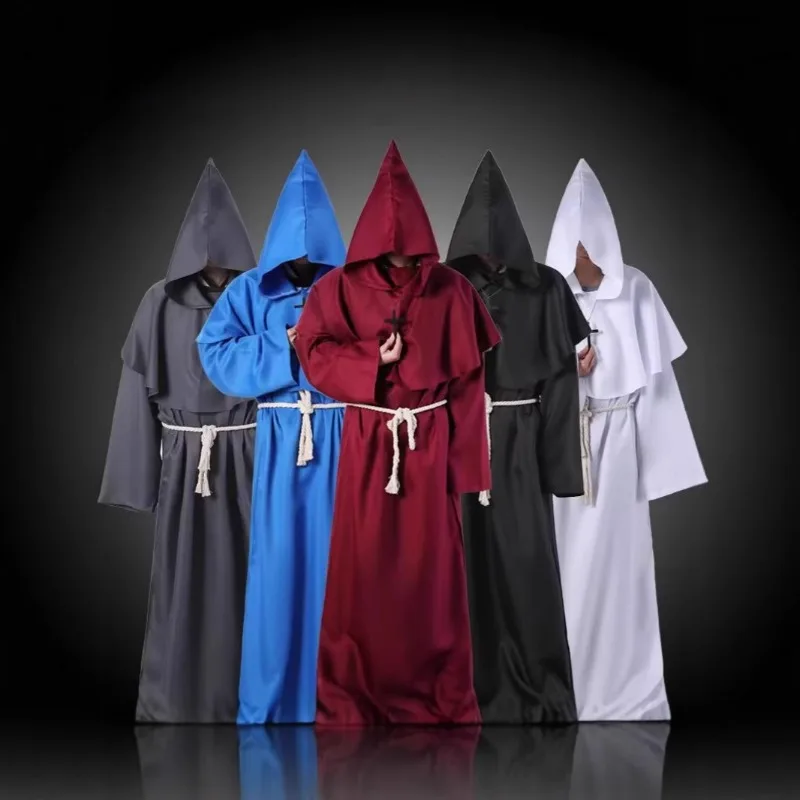 

Adult Halloween Cosplay Costume Medieval Cloak Monk Robe Wizard Friar Outfit Priest Gown with Hooded Cape Makeup Party Cos