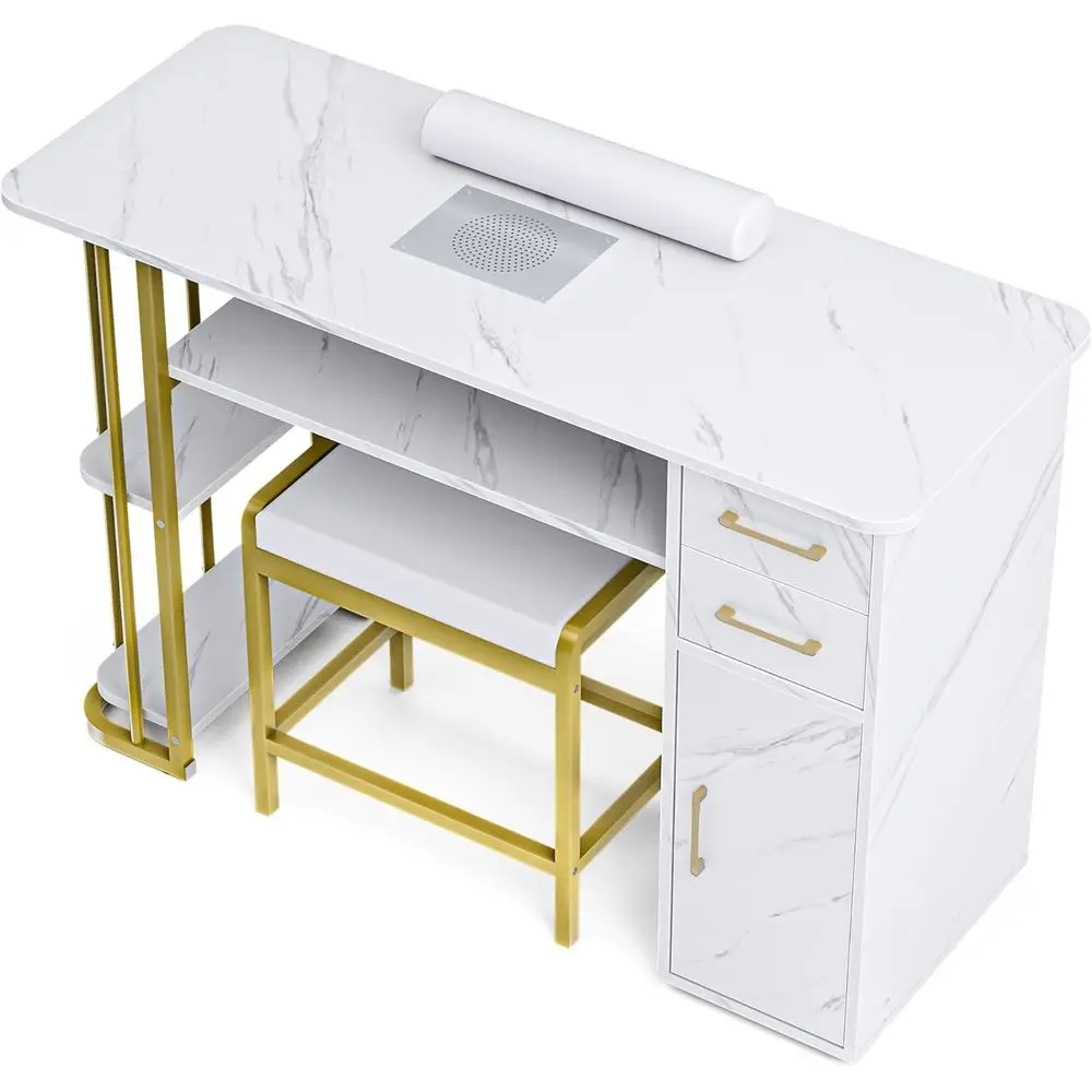 

Professional Nail Technician Desk with Storage, Stool, Dust Collection, and Accessories, White