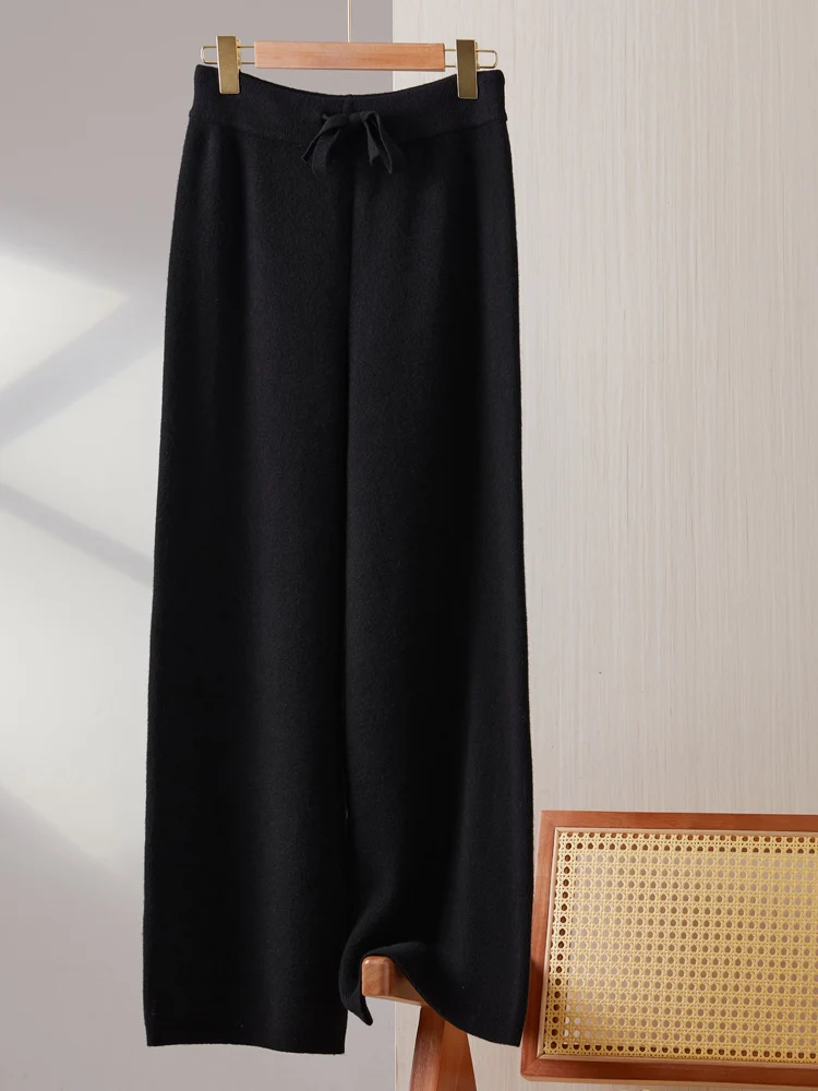 

Women Thick 100% Merino Wool Knitted Wide-Leg Pants Autumn Winter 2025 Fashion Solid Lace-up Soft Warm Casual Loose Full Bottoms