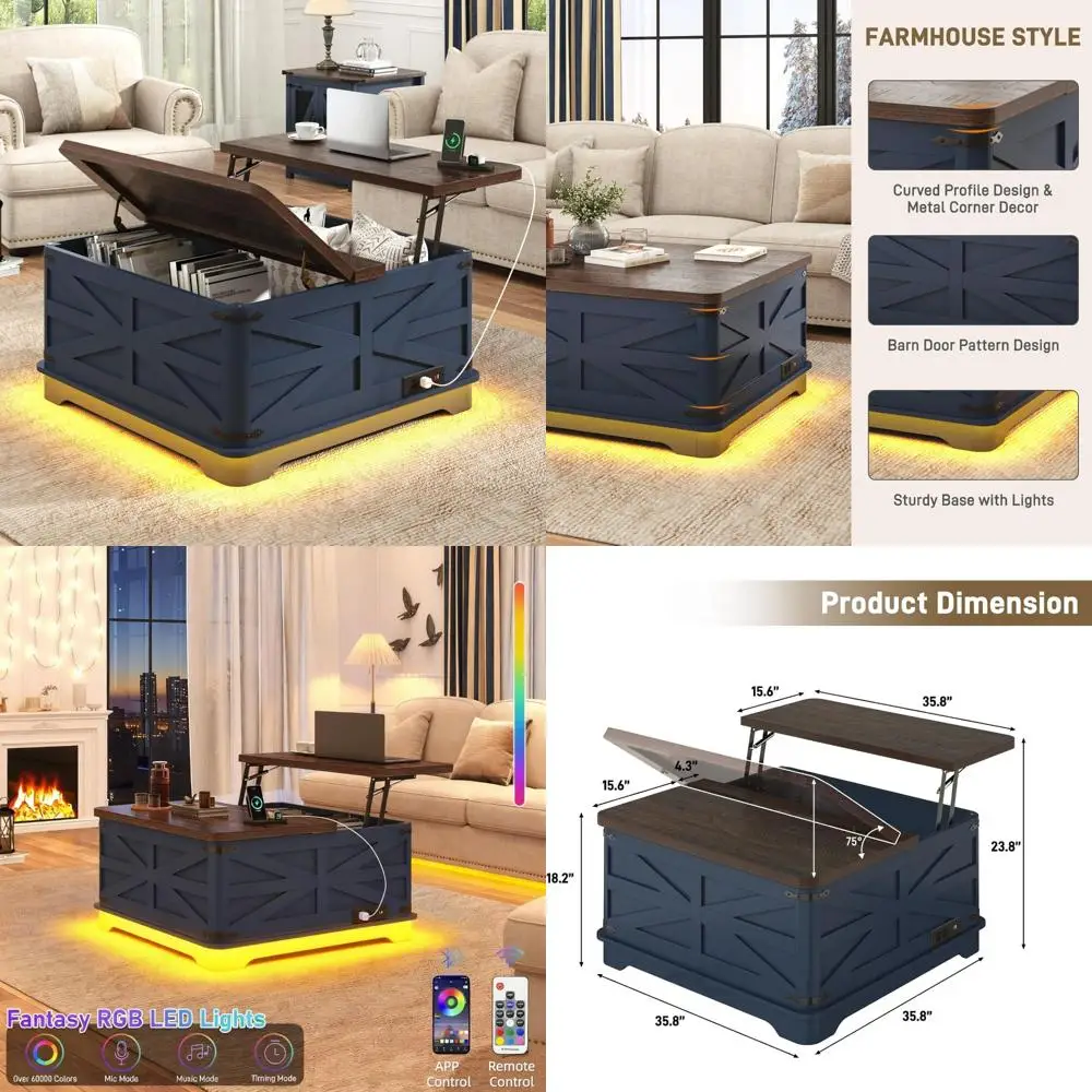 

LED Lift Top Coffee Table with Storage, Power Outlets, Square Wood Living Room Table, Large Hi-End Furniture