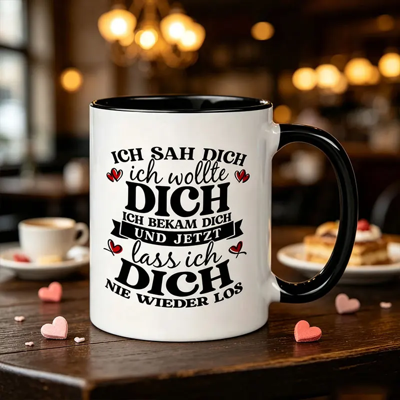 1 German Love Phrase Coffee Mug - Black and White Heart-Shaped Mug, 11 oz Ceramic Mug, Suitable for Hot/Cold Drinks, Birthday/Valentine's Day/Christmas/Mother's Day/Father's Day Gift - Hand Wash Only - Perfect for Home