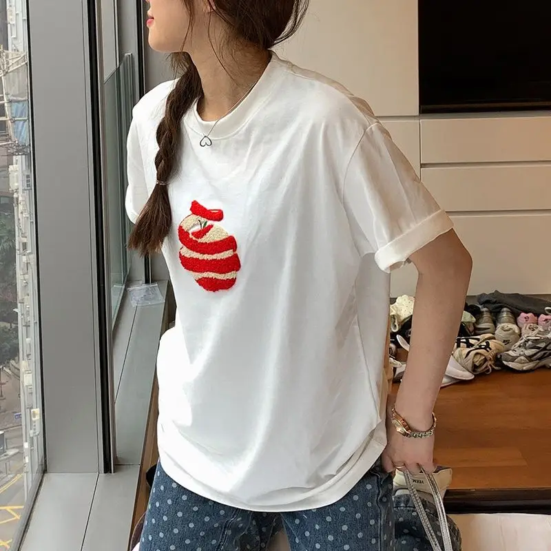 2024 Harajuku Apple Flocking Summer Tops Women Simple Oversized Fairy Grunge Streetwear Tops Y2k Aesthetic White Casual T-shirt