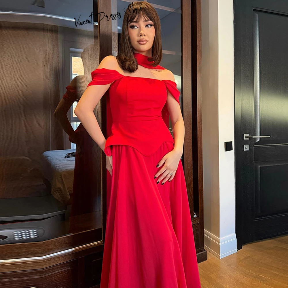 

Customized Red Off the Shoulder A-Line Evening Dress Classic Short Sleeves Celebrity Gowns Elegant Sweep Train Party Dress
