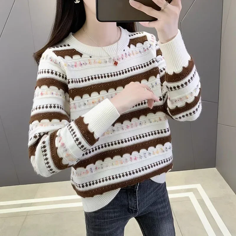 

Women's Vintage Pullover Striped Sweater O-Neck Short Top Korean Style Loose Knitted Autumn Winter Chic Base Shirt for Females
