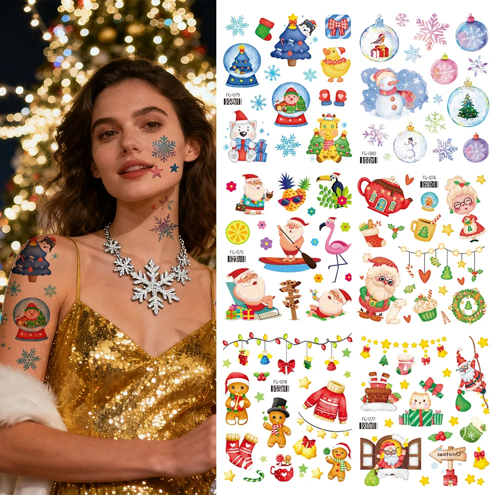 

6шт рождественские временные татуировки наклейки | Сверкающий дизайн снежинки и снеговика, водонепроницаемый боди-арт для вечеринок для женщин и девочек