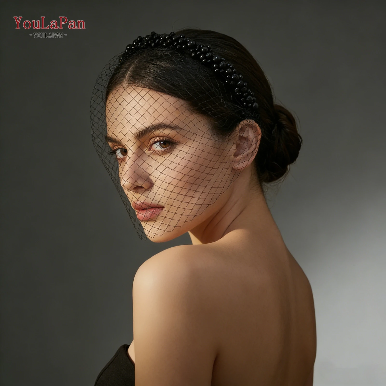 TOPQUEEN Handmade Headband Birdcage Veil Beaded Powder Blusher Headdress Black Bridal Hair Accessories VA30