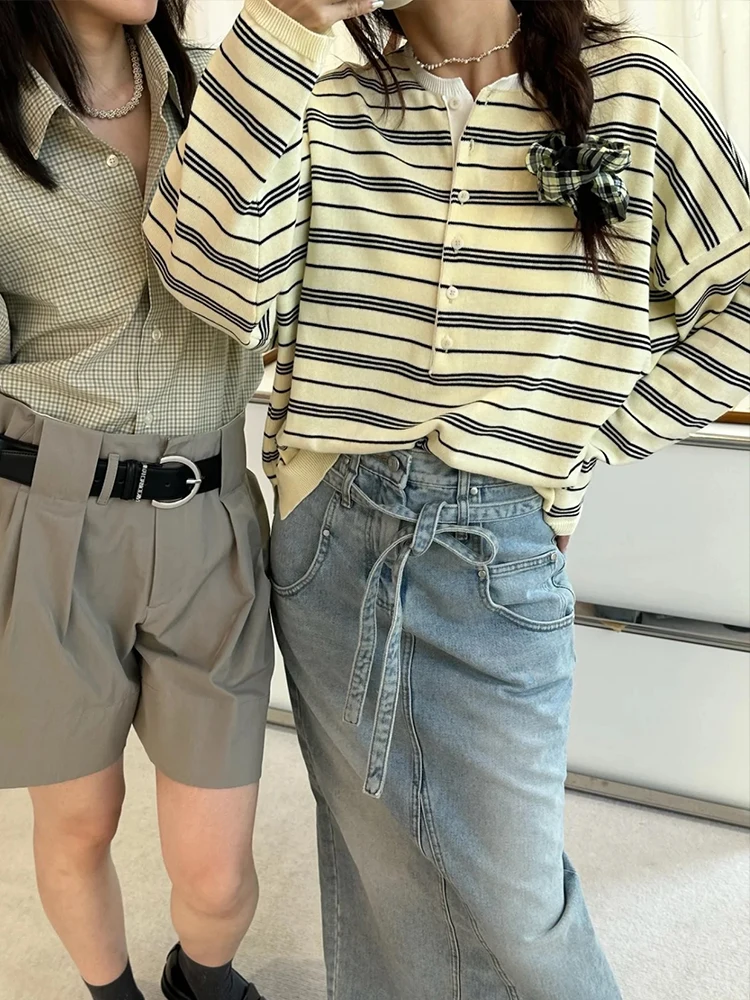 

Свободная длинная полосатая футболка Sve, женский многослойный топ из хлопка, влажный ng, круглый, повседневный, для поездок на работу