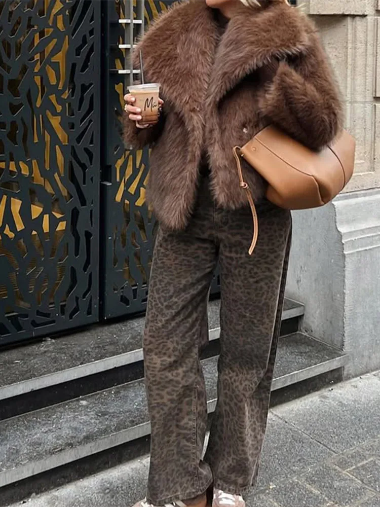 Solid Brown Fluffy Fur Jacket Women's Casual Lapel Loose Long Sleeves Thicken Warm Short Coat 2026 Winter New Lady Commute Wear