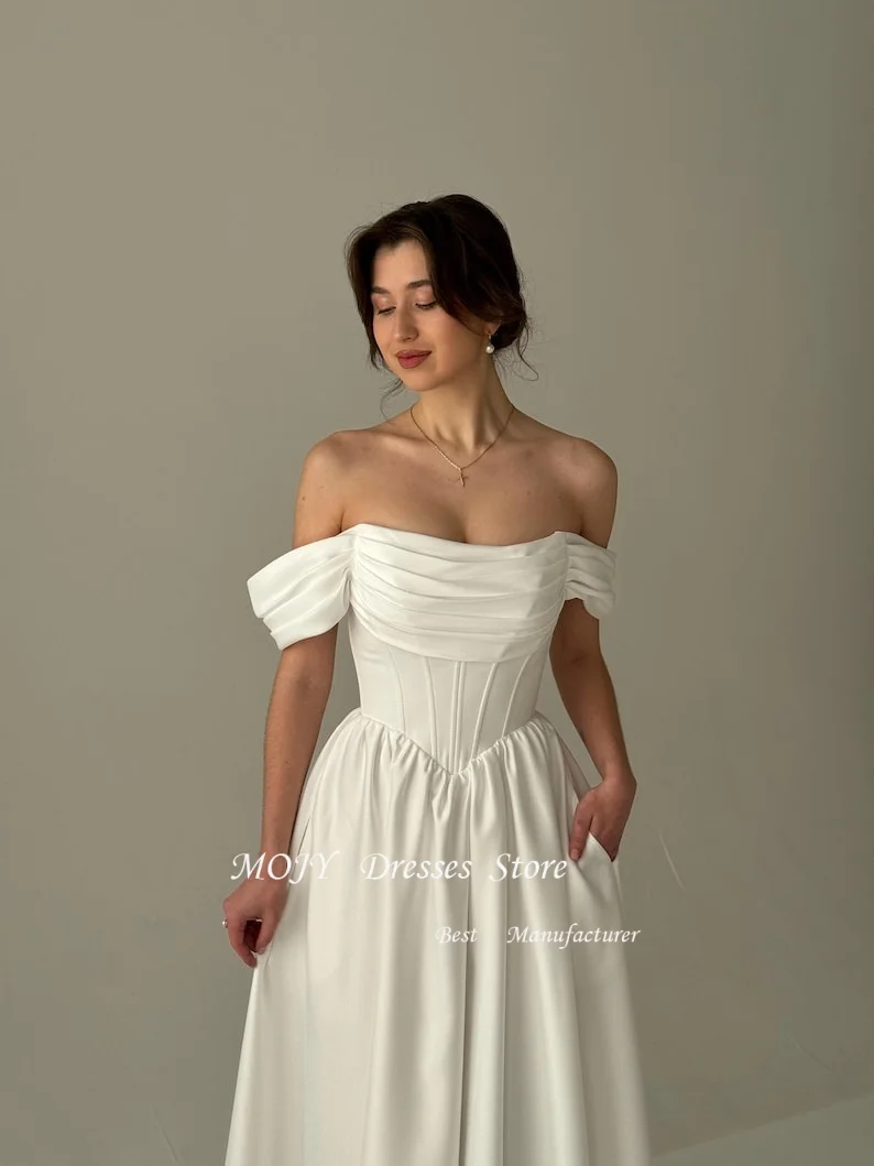 Mojy Corea Abiti da sposa con spalle scoperte Piega con volant Abito da sposa a trapezio Realizzato su misura Garona Abito da sposa Servizio fotografico