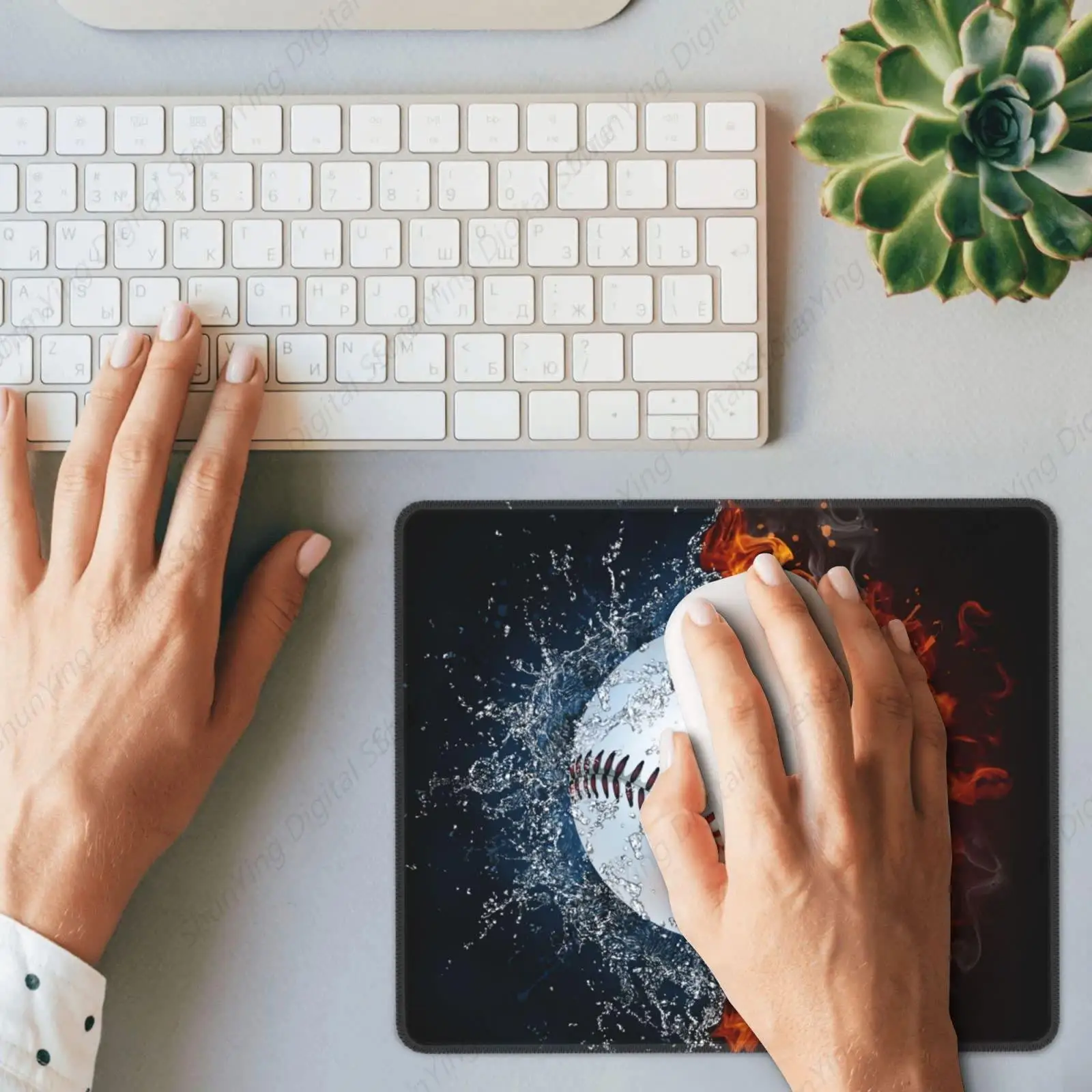 Boy Baseball Game Mouse Pad Cool Fire And Water Print Laptop Rectangular Anti Slip Rubber Base Mouse Pad 8.6 X 7 Inch