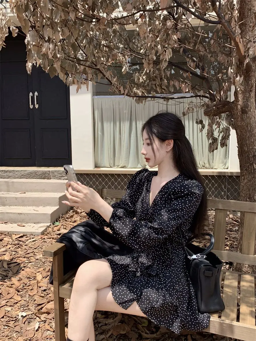Black Polka Dot Party Dress Women French Style Autumn Collection Inspired Long Sleeve Elegant Dress for Dating