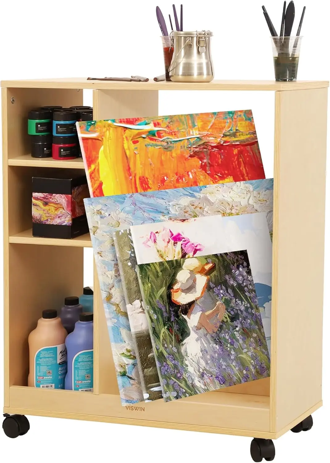 

Art Cart Organizer, Solid Pine Wood Art Supply Storage Organizer with Caster Wheels, 3-Tier Multifunctional Rolling Util