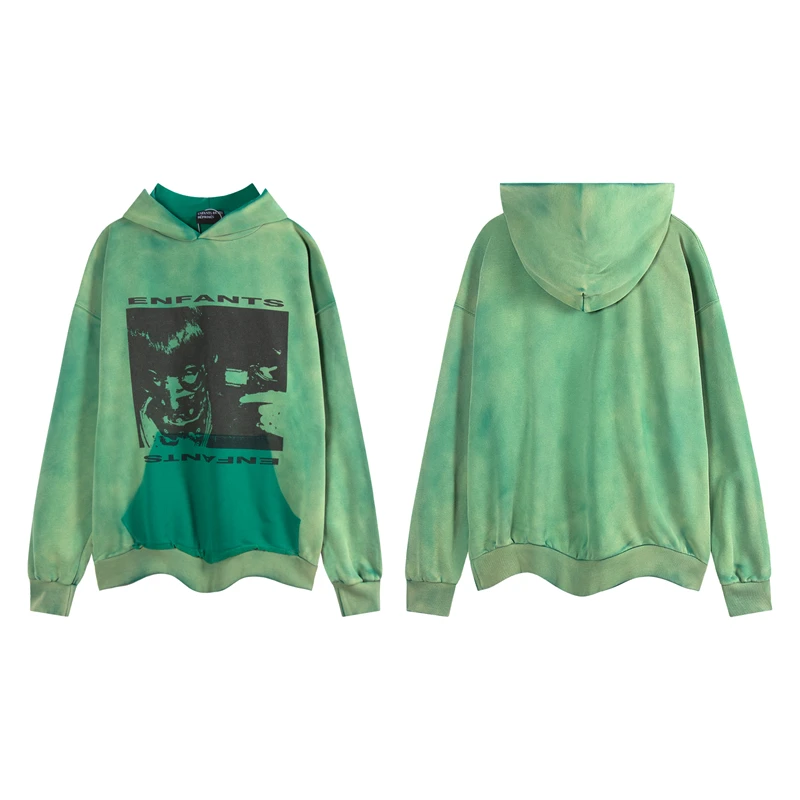 Autumn Winter High Quality ERD Washed Green Illustration Printed Hoodie High Street Casual Loose Cotton Oversize Vintage