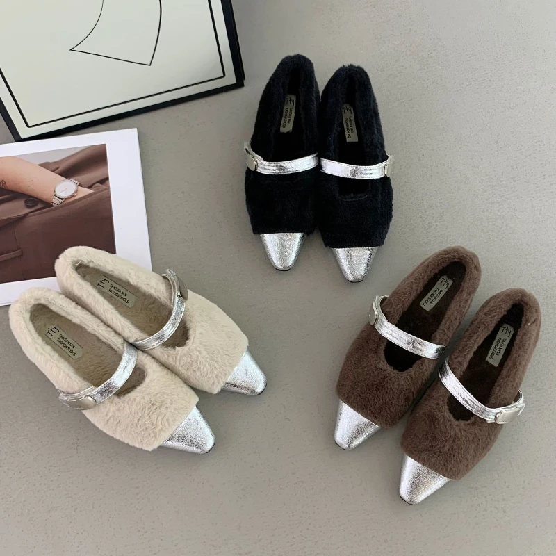 الخريف الشتاء قصيرة رقيق الدافئة حذاء مسطح النساء أشار تو الربط مشبك تصميم ماري جين أحذية السيدات الراحة حذاء كاجوال