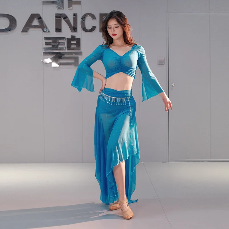 

Belly Dance Practice Clothes 2025 New Set Mesh Oriental Dance Clothes Long Skirt Lotus Leaf Elegant Performance Clothes
