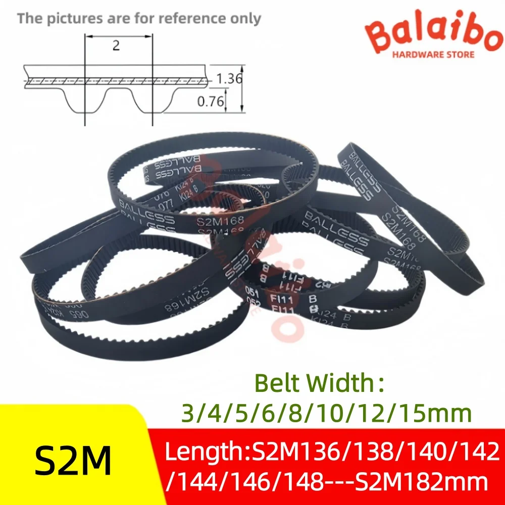

S2M timing belt perimeter S2M136/138/140/142/144/146/148--S2M182mm Belt Width 3/4/5/6/8/10/12/15mm High torque rubber belt