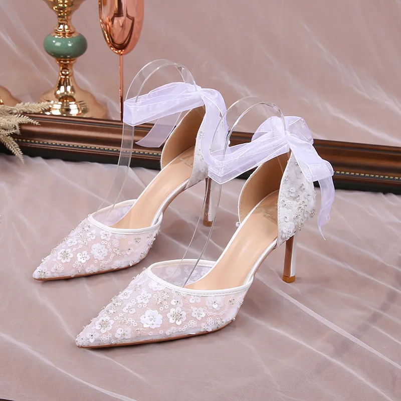 Size 33-42 2024 Summer Beaded Women White Wedding Shoes Ankle Strap Pointed High Heel Pumps