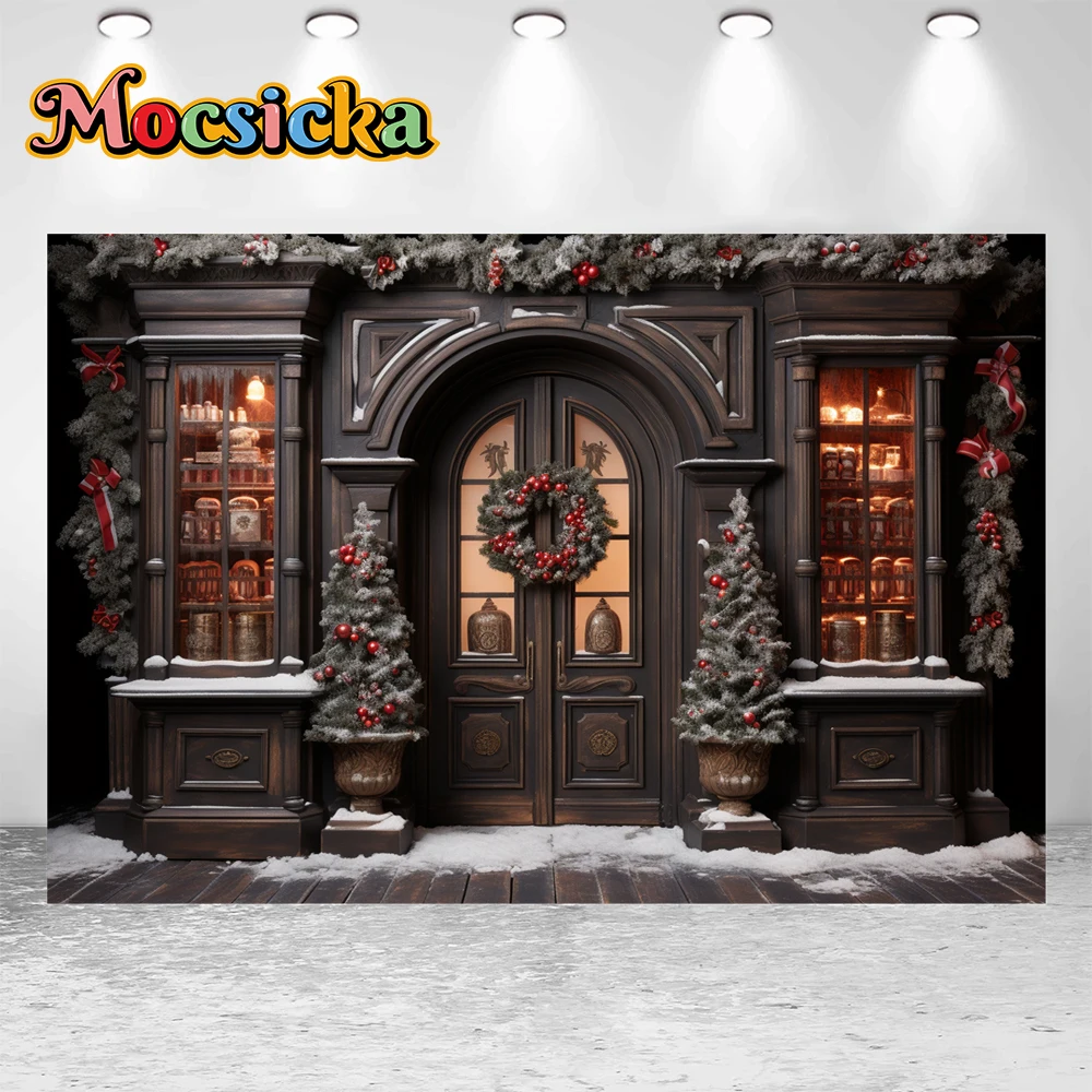 모시카 겨울 크리스마스 사진 배경 다크 브라운 문짝, 크리스마스 트리 홀리데이 파티, 가족 키즈 사진 배경, 스튜디오 소품