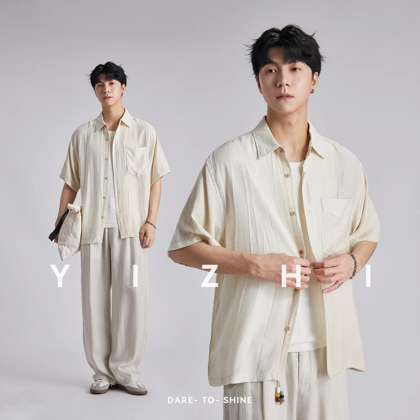 

Fashion Men's Linen Texture Wrinkle Stripe Short Sleeve Shirt 2026 Summer Loose Breathable Old Money Style Casual Blouse