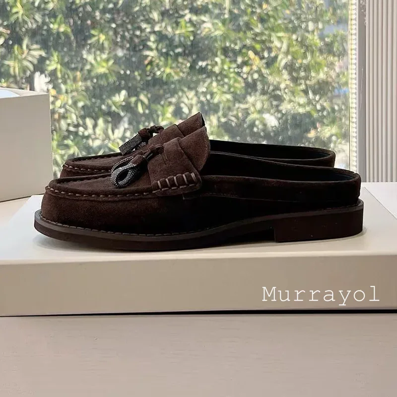Новинка 2025, женские лоферы на плоской подошве с круглым носком и кисточками, однотонные туфли на плоской подошве из натуральной кожи, весенне-осенние туфли-лодочки