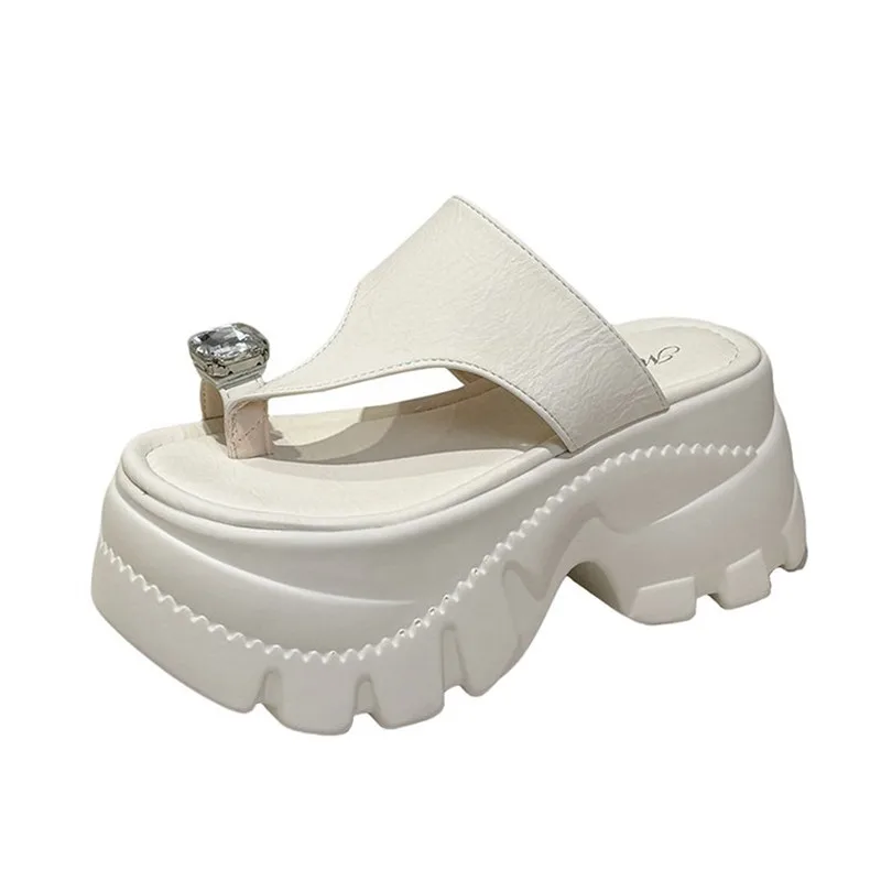 

8.5CM Women Summer Clip Toe Chunky Sandals Wedge Platform High Heels Slippers Woman Thick Bottom Slides Beach Leather Slippers
