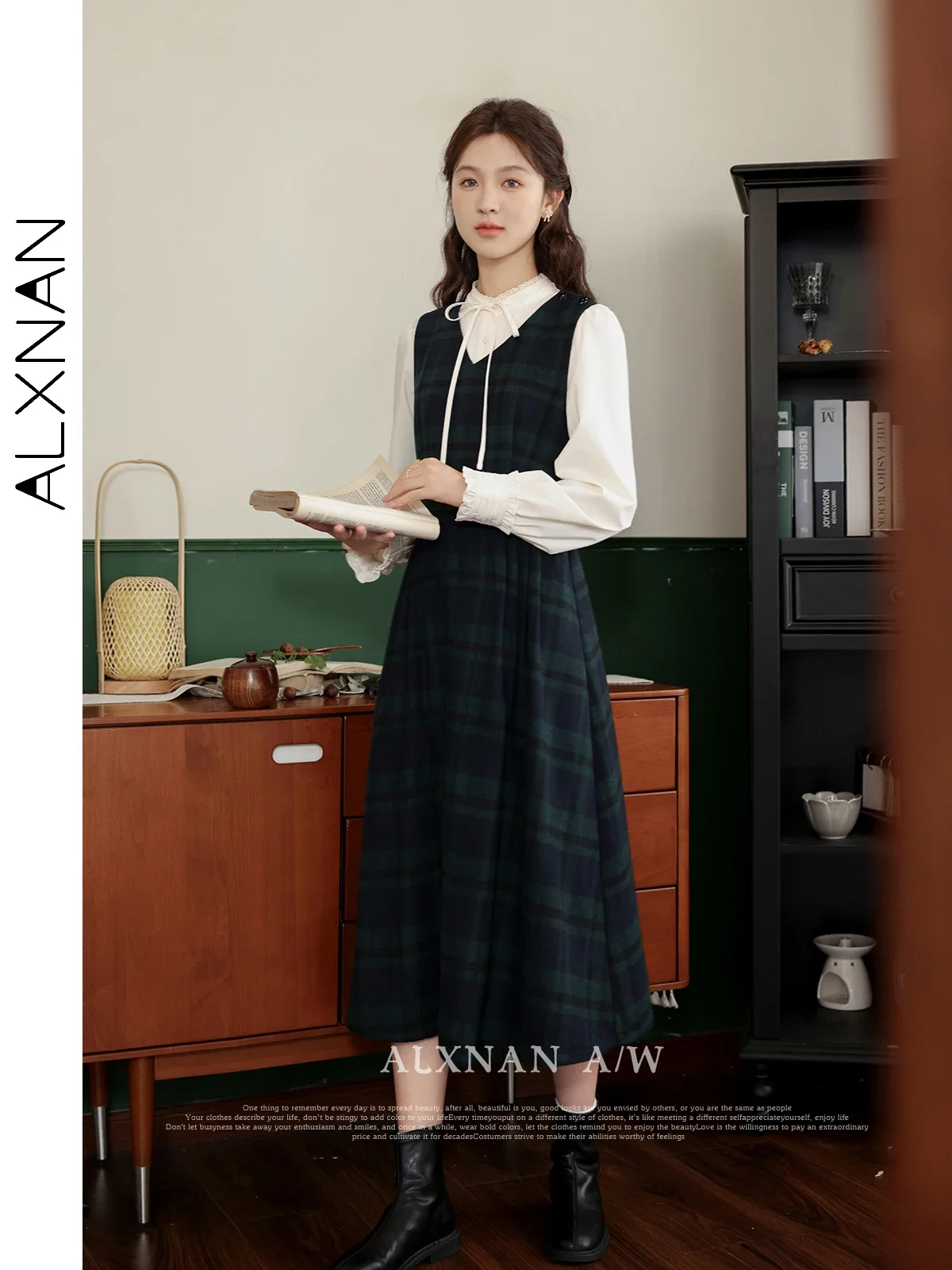 ALXNAN-Robe trapèze à carreaux verts français pour femme, robes mi-longues en fibre, col en V, précieux, vendu séparément, automne, hiver, LXN32315, 2024