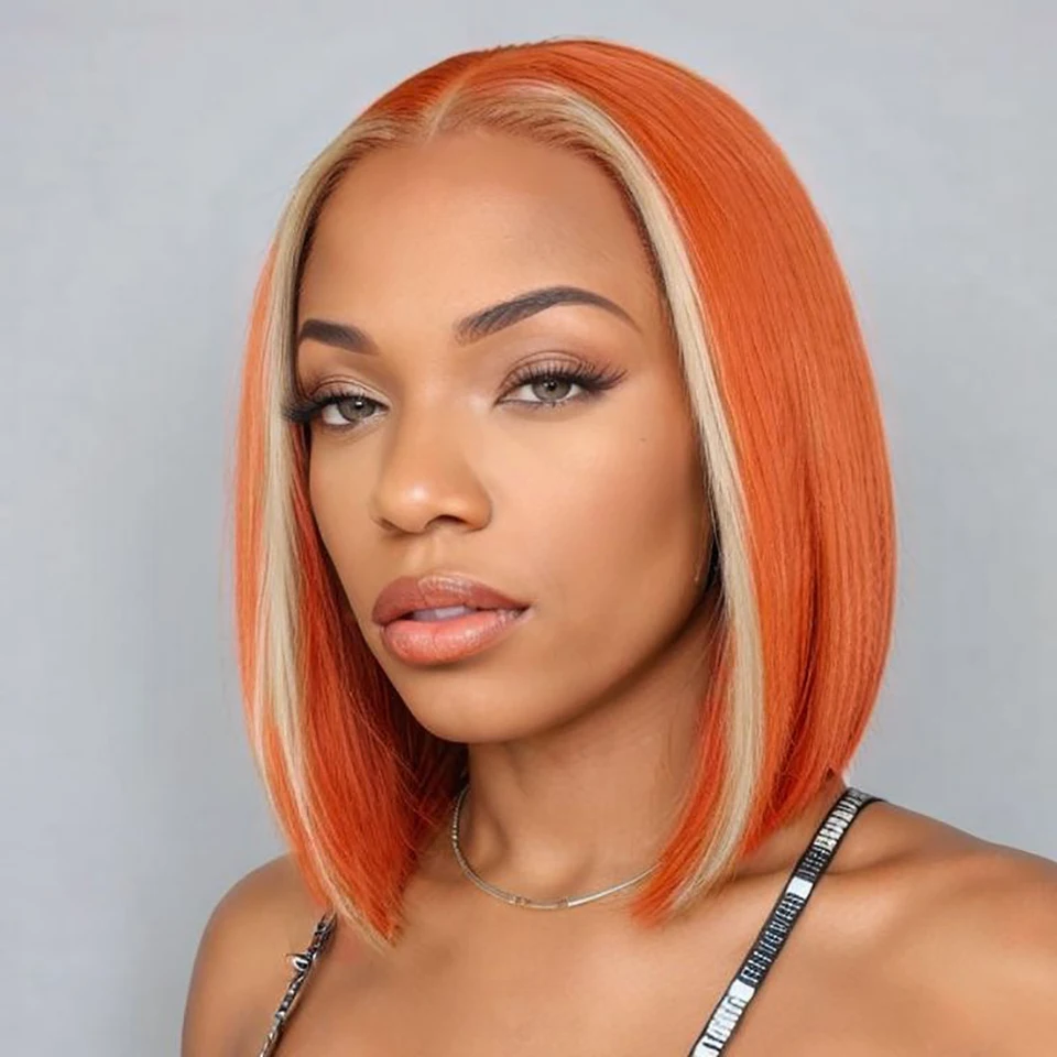 Lekker-Perruque Bob Lace Front Wig Remy Brésilienne 100% Naturelle, Cheveux Courts Lisses, à Reflets, Orange, 13x1, 613 de Densité, pour Femme