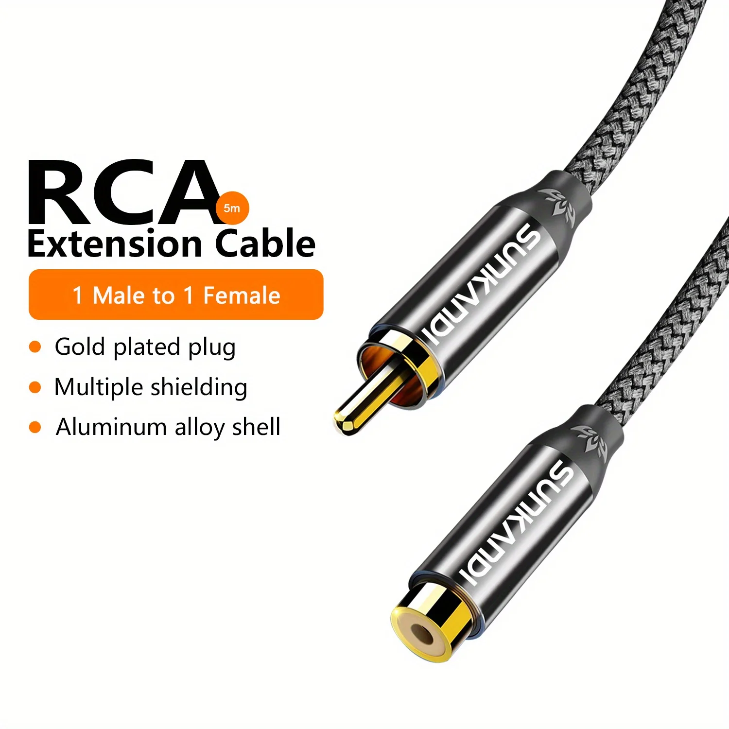 SUNKANDI RCA-verlengkabel, mannelijk naar vrouwelijk, met koperen behuizing, RCA-kabel, stereo-audioverlengkabel, adapter.