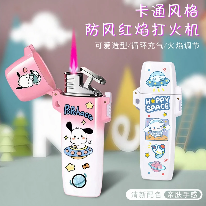 2025 Cartoon Hello Kitty Pink Flame Gas Lighter,Cute MyMelody Kuromi Cinnamo Sanrio Windproof Lighters,Couple Gifts Funny Toy