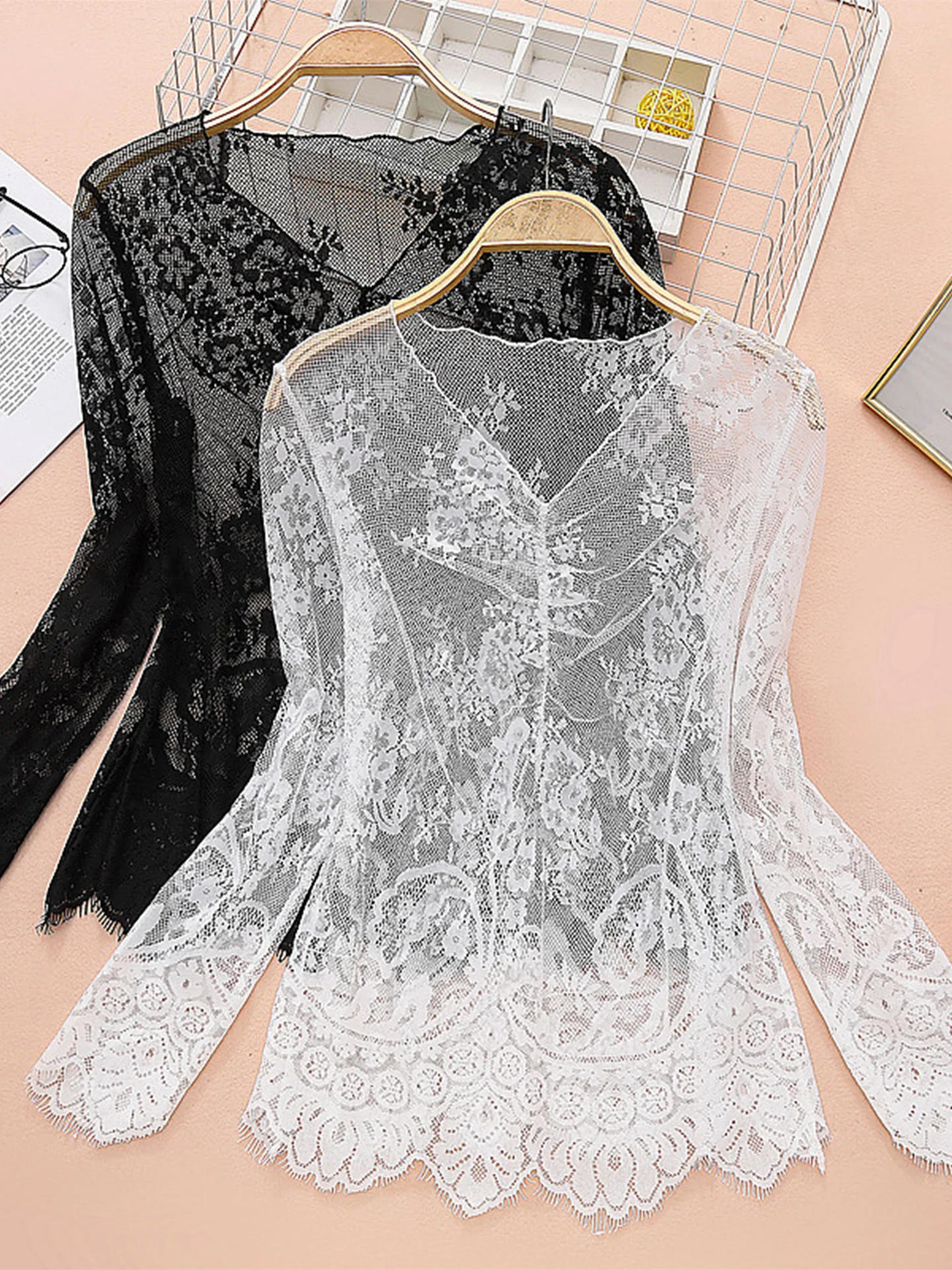 Spring 2026 Women's Long Sleeve Lace Base Shirt Sexy Mesh Inner Wear Korean Style V-Neck T-Shirt Casual Loose Fit Nylon Fabric