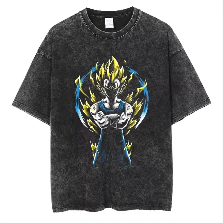

Dragon Ball Z Vegeta Super Saiyan Acid Wash Oversized Cotton T Shirt 2026 Summer Anime Streetwear Graphic Tee for Men Women