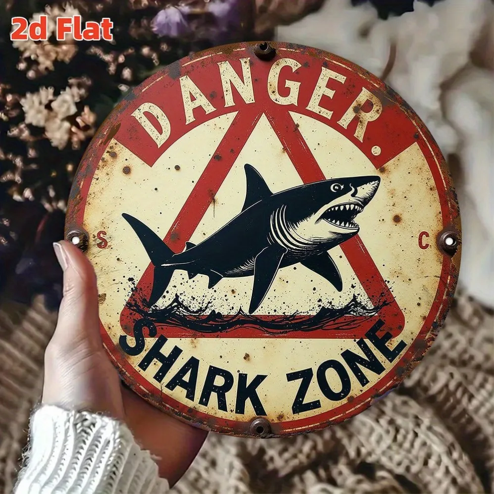 

2D Flat,Danger Shark Zone Metal Wall Design for Game Room,Pool for Man Cave-Unique Gift for Adventure Enthusiasts,Shark Decor
