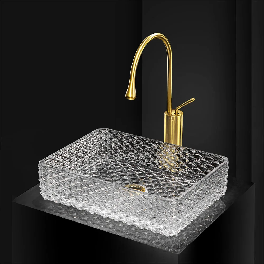 Rectangle Crystal Glass Sink Bathroom Washbasin Luxury Transparent Die-casting Countertop Sinks With Golden Faucet 430*320*115mm