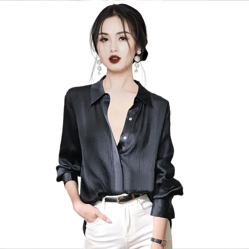 Black Temperament Loose Blouse Spring Autumn New Long Sleeve Solid All-match Vintage Shirt Tops Casual Fashion Women Clothing