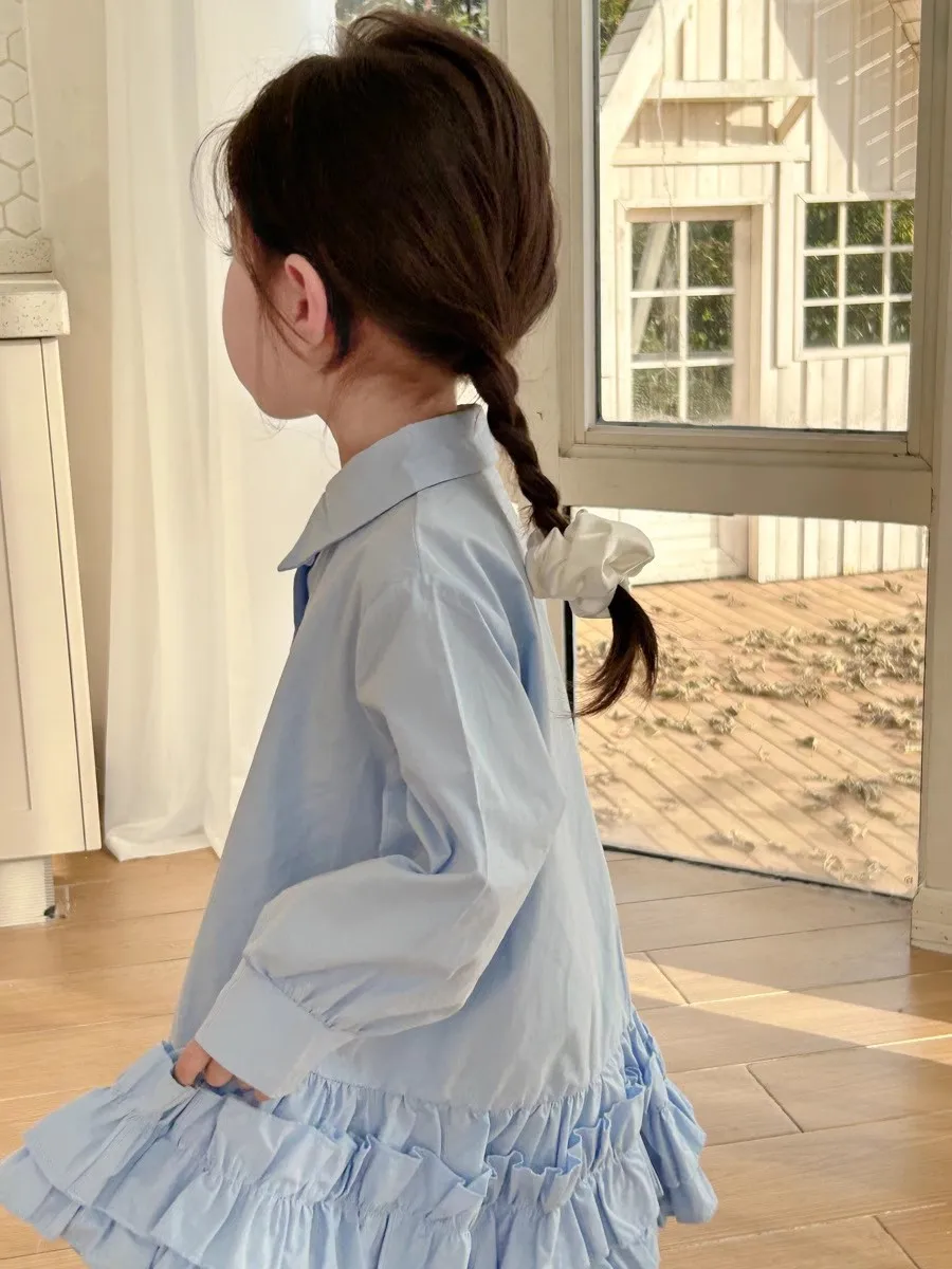 Long Sleeve Blue Shirt Dress for Kids Girl Autumn One Piece Flounce Clothes 1-7Y Toddler Clothing Casual Baby Girl Fashion Dress