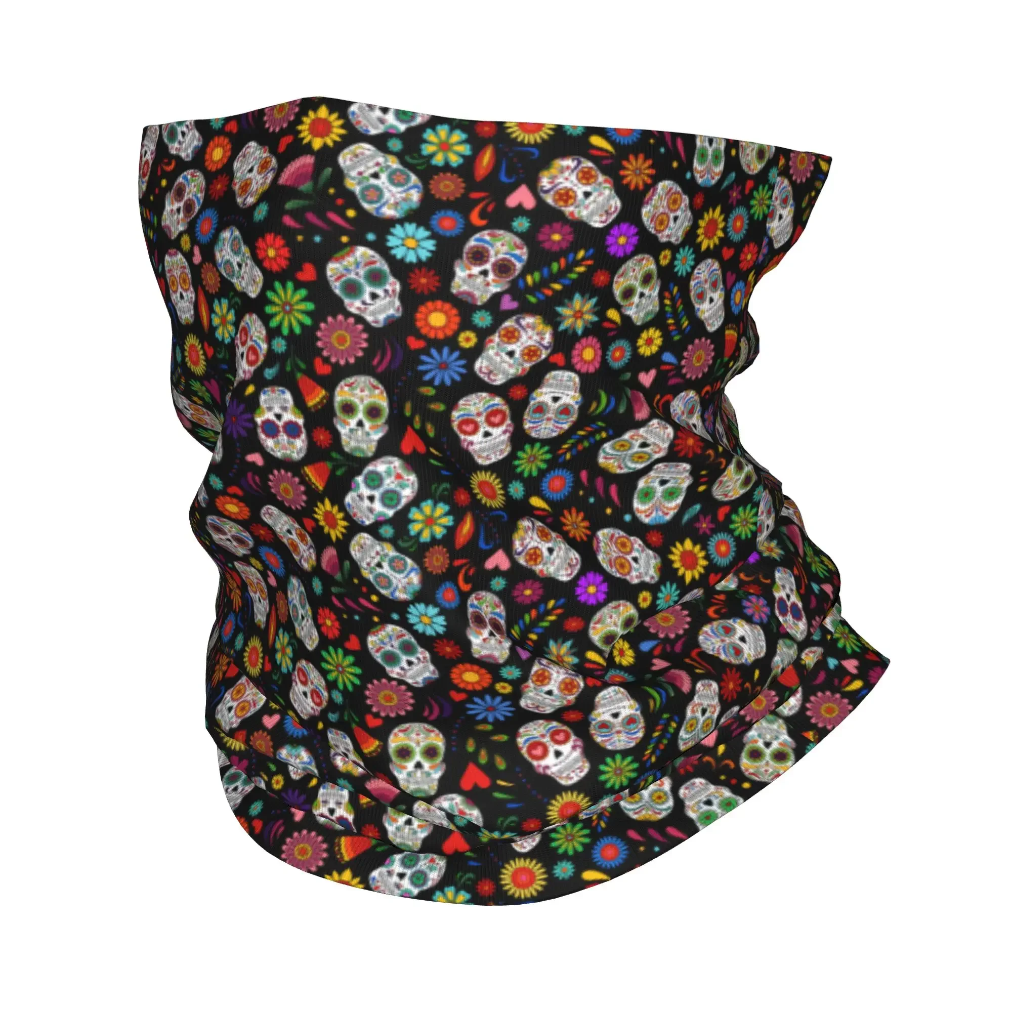 New Mexican Flowers Day Of The Dead Sugar Skull Bandana Neck Gaiter UV Protection Face Scarf Cover Men Women Headband Tube Balac