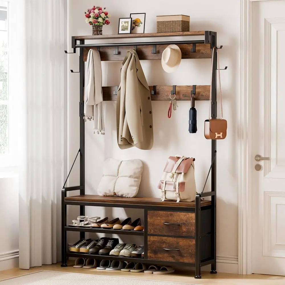 Coat Rack, 39.4” Hall Tree with Shoe Storage Bench, Rustic Brown | 5 in 1 Entryway urniture Organizer, 21 Hooks, 2 abric Ders, H view 2