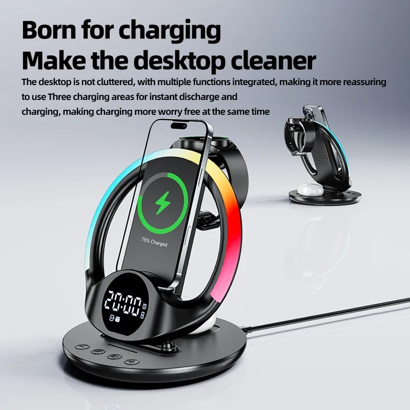 Base de carga inalámbrica multifuncional y base de carga rápida compatible con iPhone, Xiaomi, Huawei, Samsung, Apple Watch y Airpods.