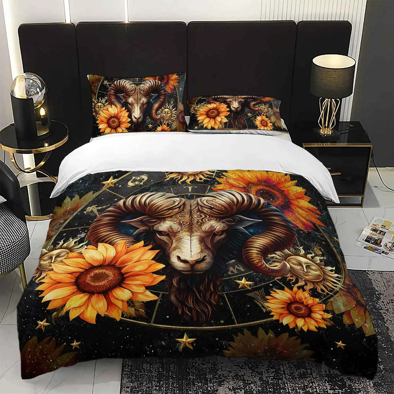 

3pcs Aries Zodiac Sunflower Bedding Duvet Cover Set Aries Zodiac Bedding Quilt Set Sunflower Themed Bohemian Bedroom Decor