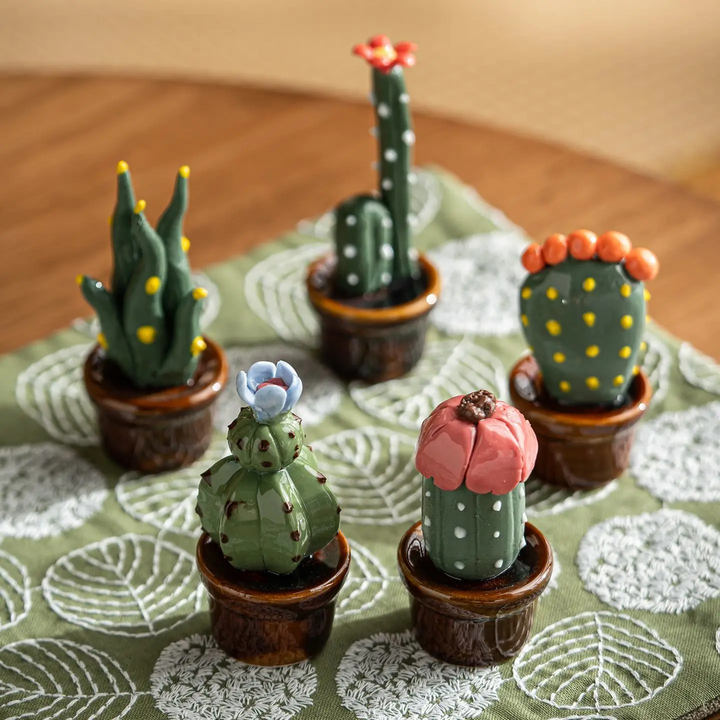Glossy Green Mini Cactus Figurine - Handmade Ceramic Succulent Sculpture, Cute Desk Decor for Home Office,Farmhouse Shelf Accent